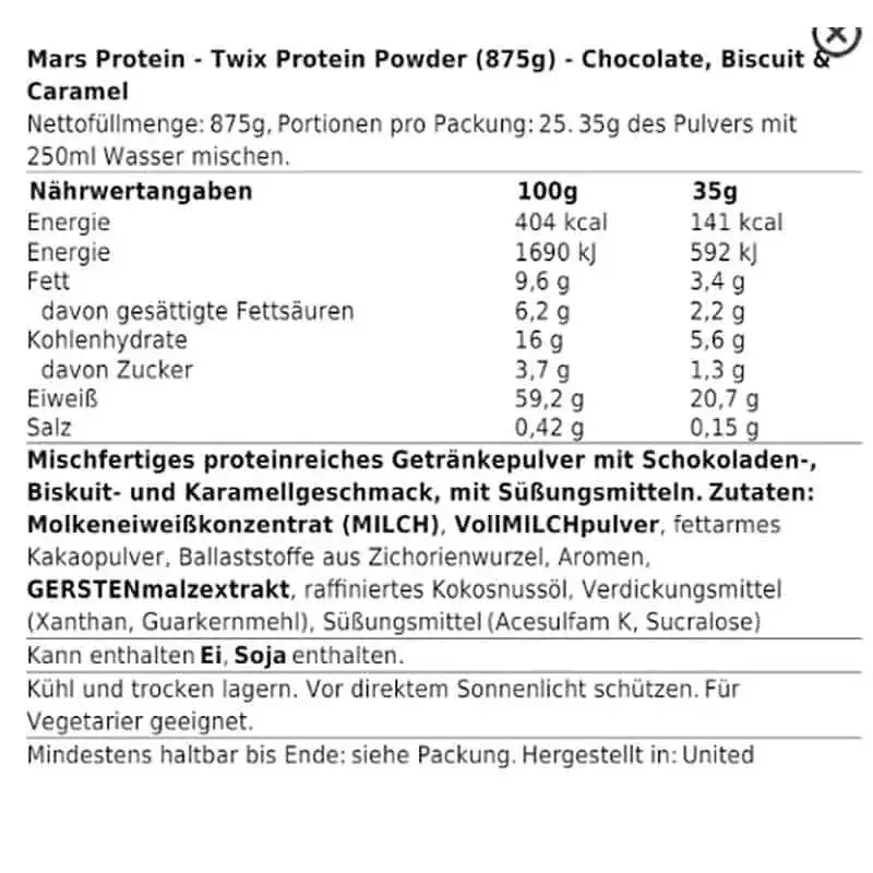 Datos de Mars Twix Hi Protein Whey 875 g